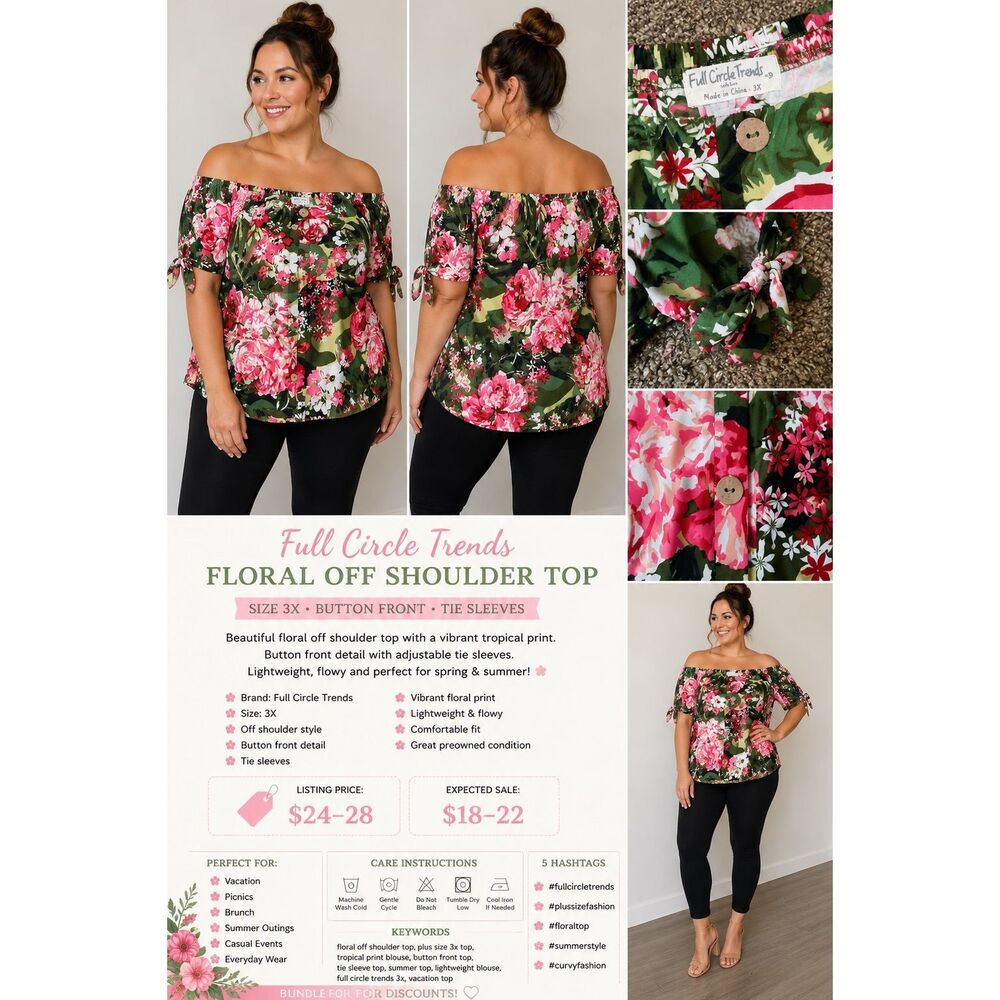 Full Circle Trends Floral Off Shoulder Top 3X Tropical Button Blouse